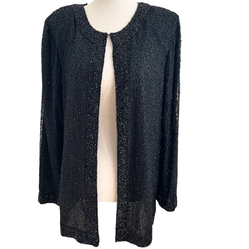 🔥Vintage Stenay Black Silk Beaded Open Front Jacket or Cover Up Medium